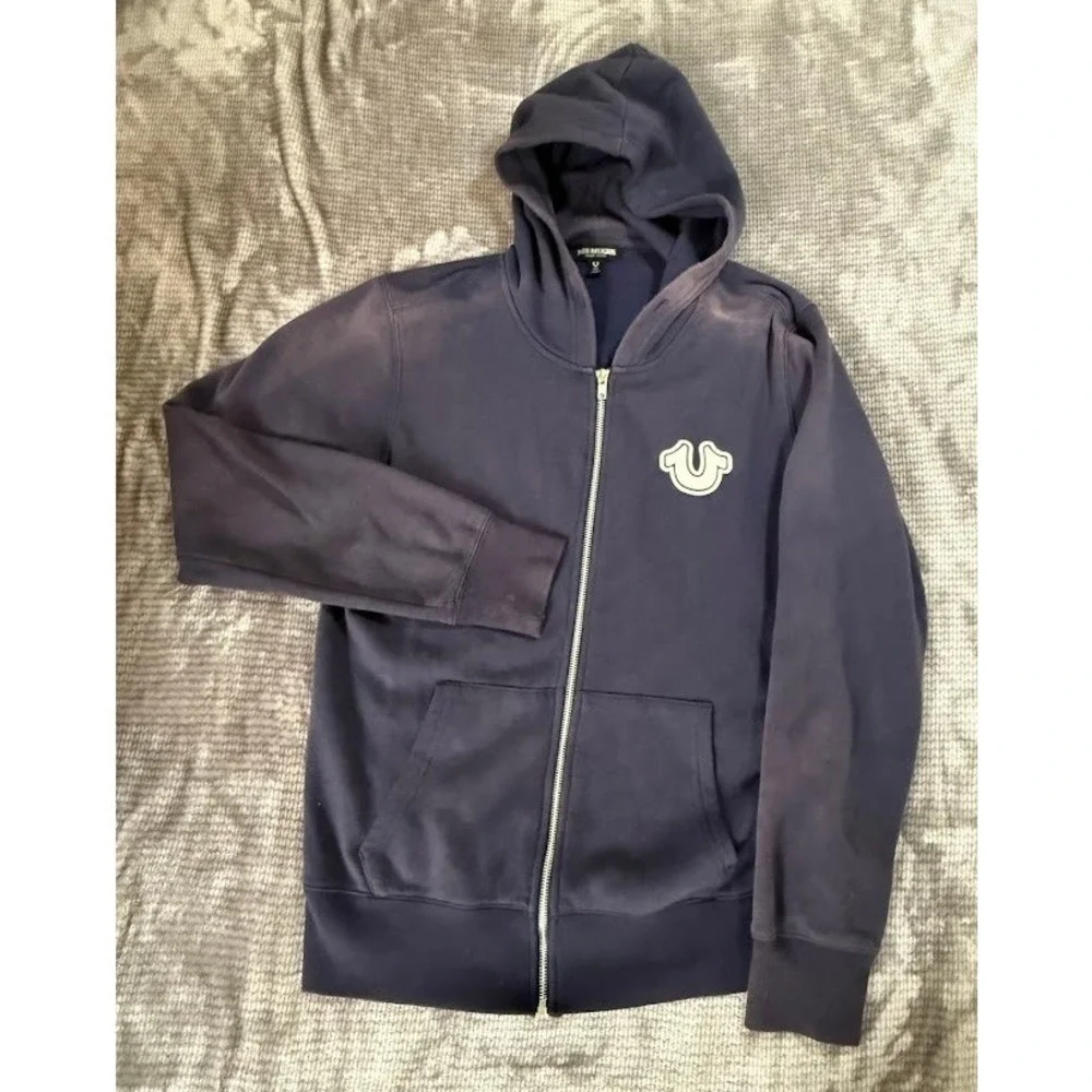 True Religion Mens Navy Blue‎ Horseshoe Logo Full Zip Hoodie Sweatshirt Size S